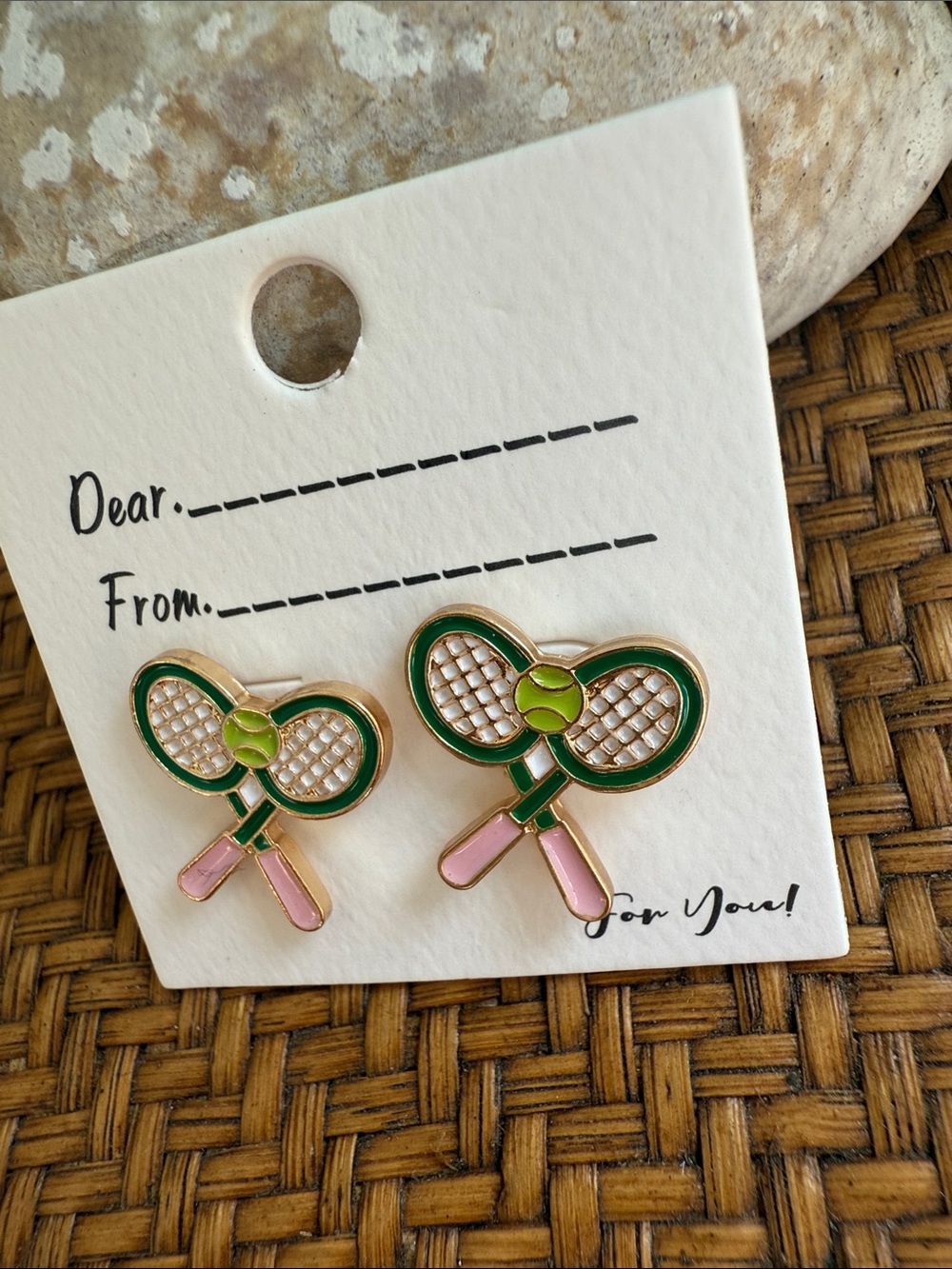 Tennis Racket & Ball Enamel Earrings in Green and Pink - Picture 4 of 6